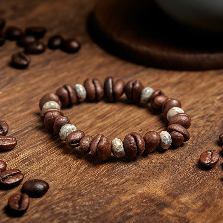 Bracelet en Buddha Stones de pierre de lave et jaspe gris œil de tigre, grains de café naturels - image 8