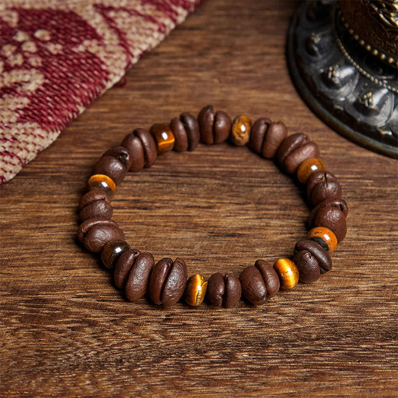 Bracelet en Buddha Stones de pierre de lave et jaspe gris œil de tigre, grains de café naturels - Grain de café et œil de tigre (circonférence du poignet : 16 cm) - image 1