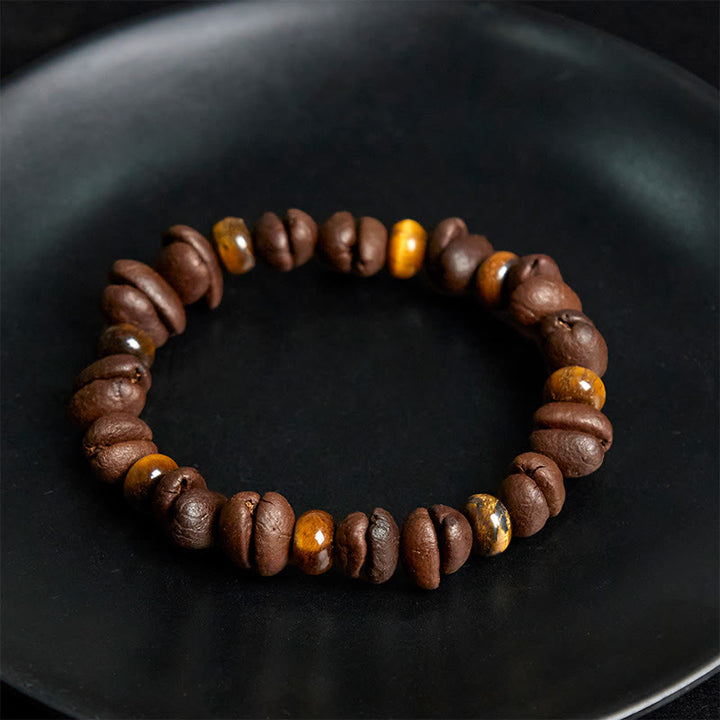 Bracelet en Buddha Stones de pierre de lave et jaspe gris œil de tigre, grains de café naturels - image 4