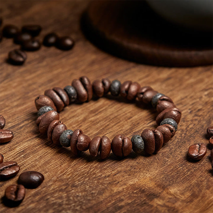 Bracelet en Buddha Stones de pierre de lave et jaspe gris œil de tigre, grains de café naturels - image 13