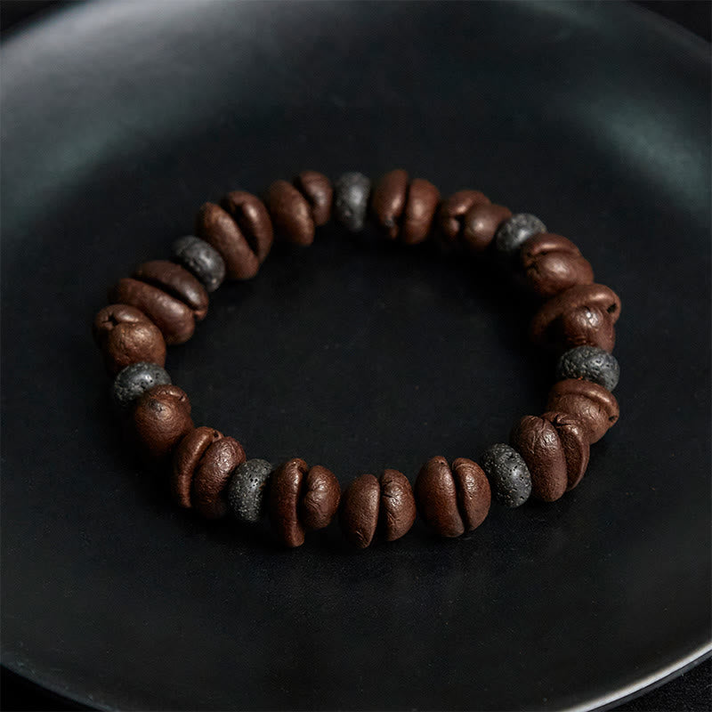 Bracelet en Buddha Stones de pierre de lave et jaspe gris œil de tigre, grains de café naturels - image 14
