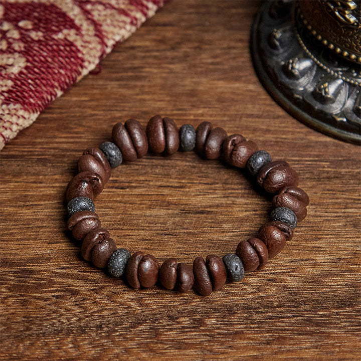 Bracelet en Buddha Stones de pierre de lave et jaspe gris œil de tigre, grains de café naturels - Grain de café et pierre de lave (tour de poignet : 16 cm) - image 11