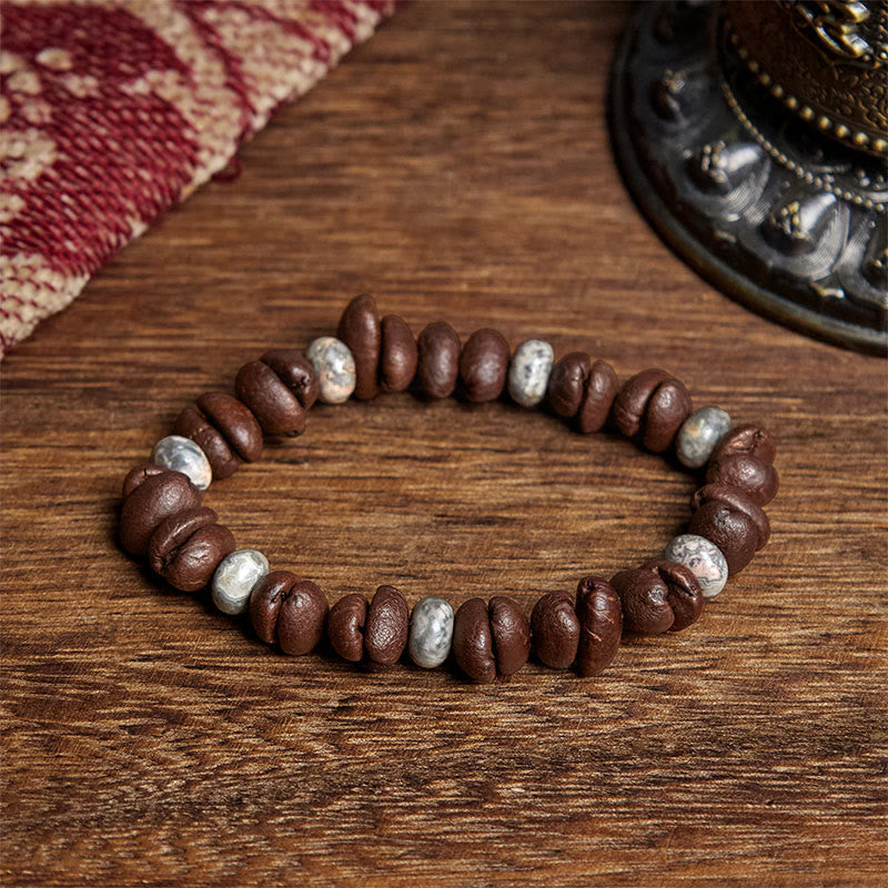 Bracelet en Buddha Stones de pierre de lave et jaspe gris œil de tigre, grains de café naturels - Grain de café et jaspe gris (tour de poignet : 16 cm) - image 6