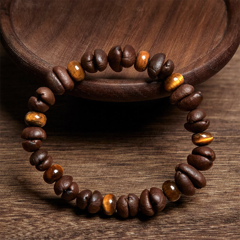 Bracelet en Buddha Stones de pierre de lave et jaspe gris œil de tigre, grains de café naturels - image 2