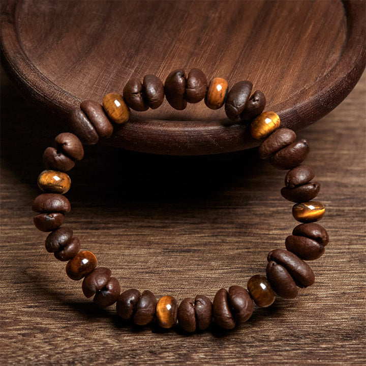 Bracelet en Buddha Stones de pierre de lave et jaspe gris œil de tigre, grains de café naturels - image 2