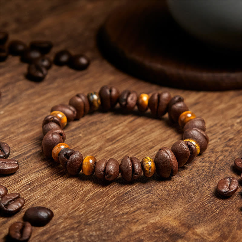 Bracelet en Buddha Stones de pierre de lave et jaspe gris œil de tigre, grains de café naturels - image 3