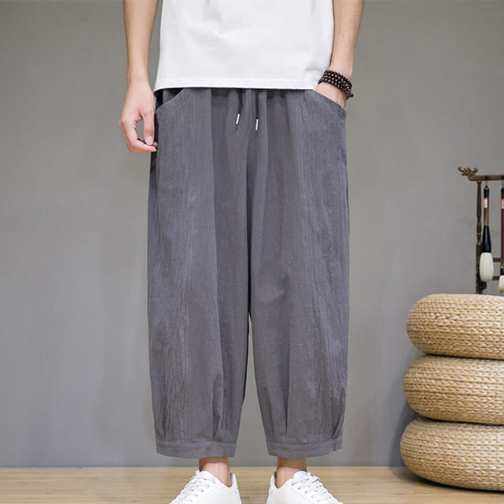 Pantalon Buddha Stones décontracté en coton uni pour homme avec poches, longueur 7-8 - image 3