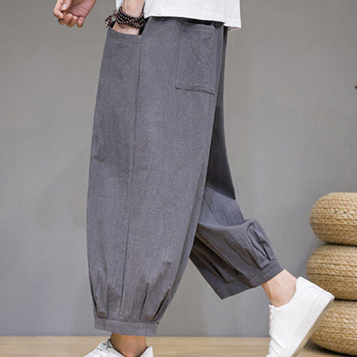 Pantalon Buddha Stones décontracté en coton uni pour homme avec poches, longueur 7-8 - image 1