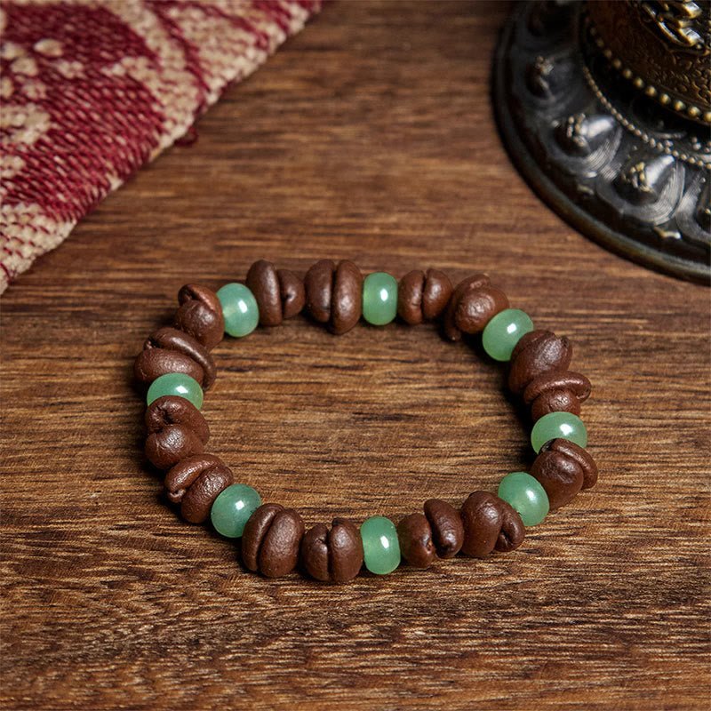 Bracelet en perles de jade Huanglong en aventurine verte et grains de café naturels de Buddha Stones - Grain de café et aventurine verte (tour de poignet : 16 cm) - image 1