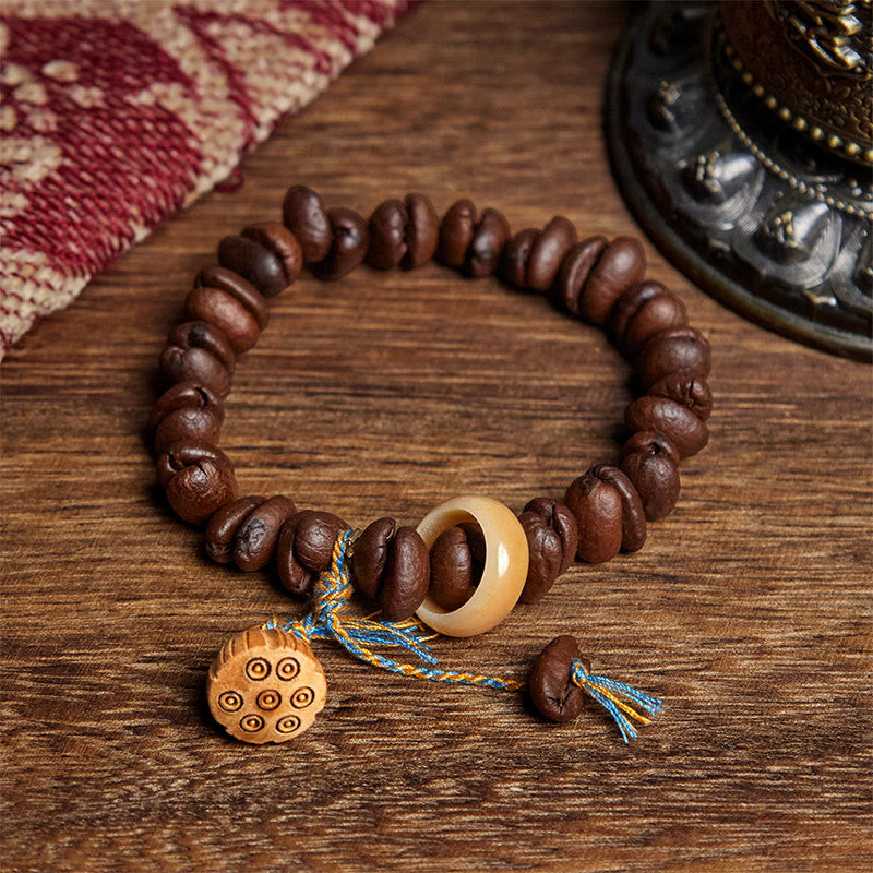 Bracelet Bodhi en bois de wengé et graines de lotus naturelles, Buddha Stones - Grain de café (tour de poignet : 17,5 cm) - image 1