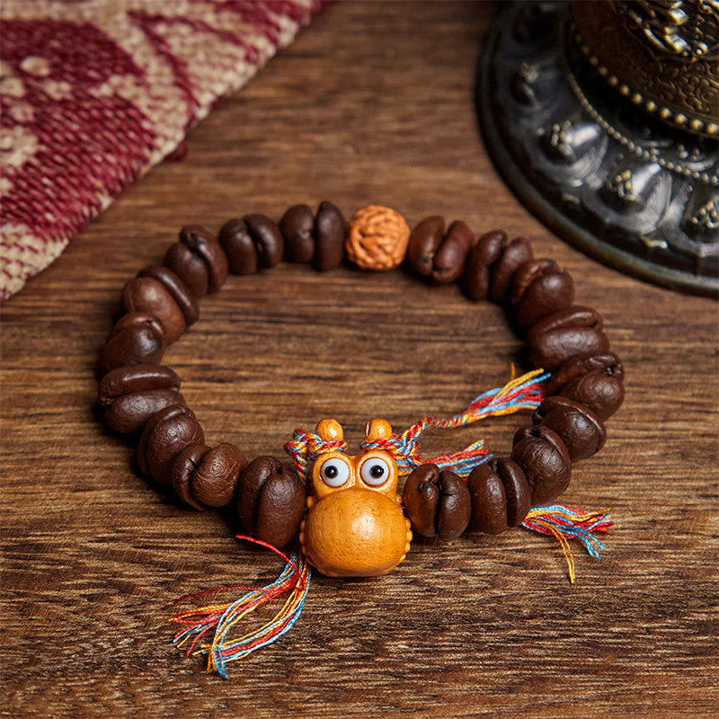 Bracelet en bois de wengé fait main avec des Buddha Stones et des grains de café amusants - Grain de café (tour de poignet : 17,5 cm) - image 1