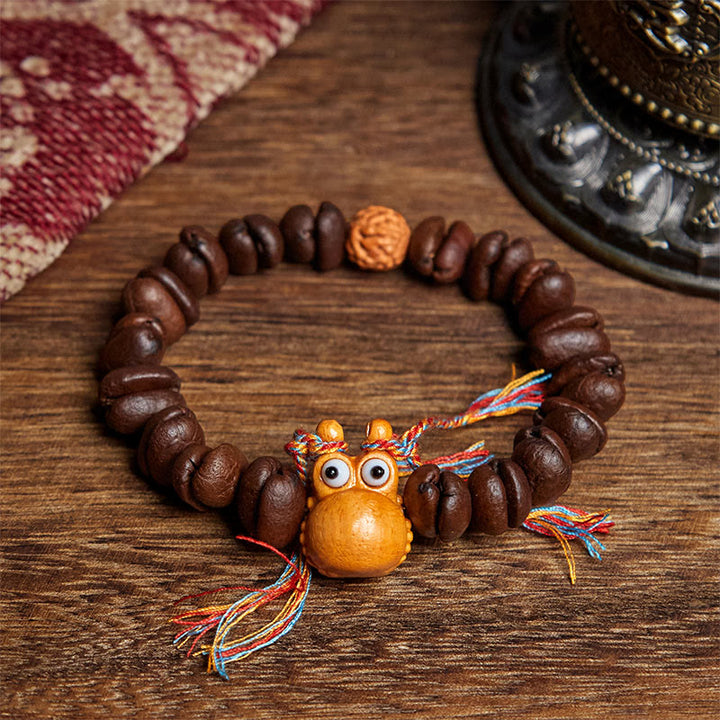 Bracelet en bois de wengé fait main avec des Buddha Stones et des grains de café amusants - Grain de café (tour de poignet : 17,5 cm) - image 1