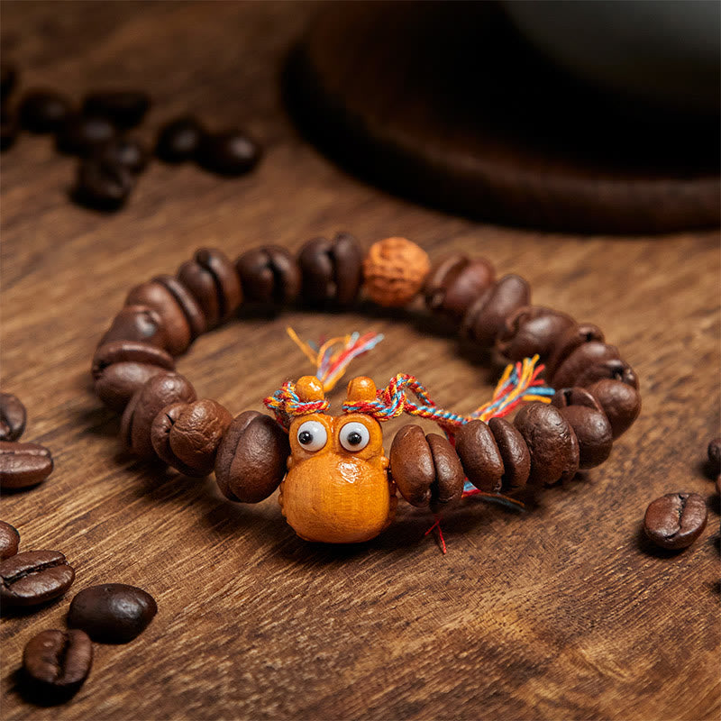 Bracelet en bois de wengé fait main avec des Buddha Stones et des grains de café amusants - image 3