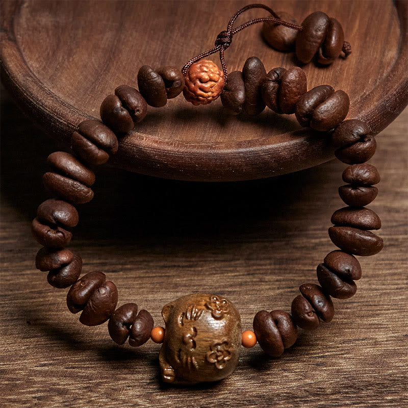 Bracelet en bois de santal et grains de café véritables, fait main, motif chat porte-bonheur, Buddha Stones - image 2