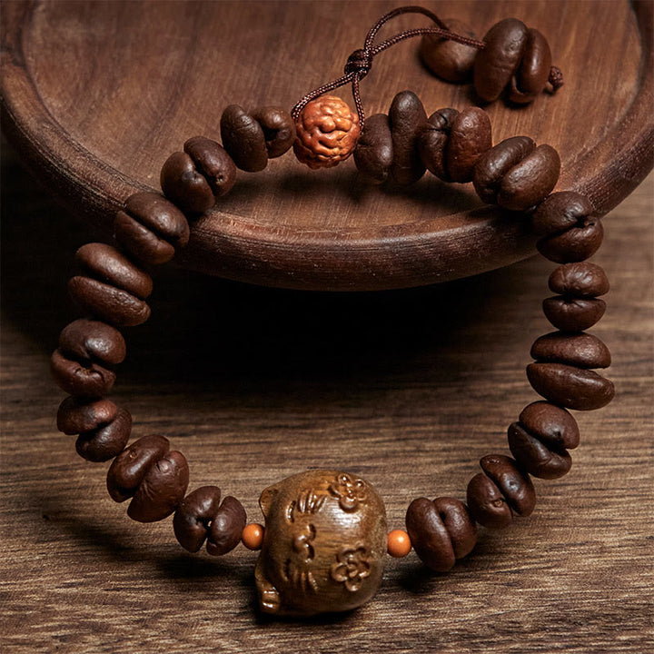 Bracelet en bois de santal et grains de café véritables, fait main, motif chat porte-bonheur, Buddha Stones - image 2