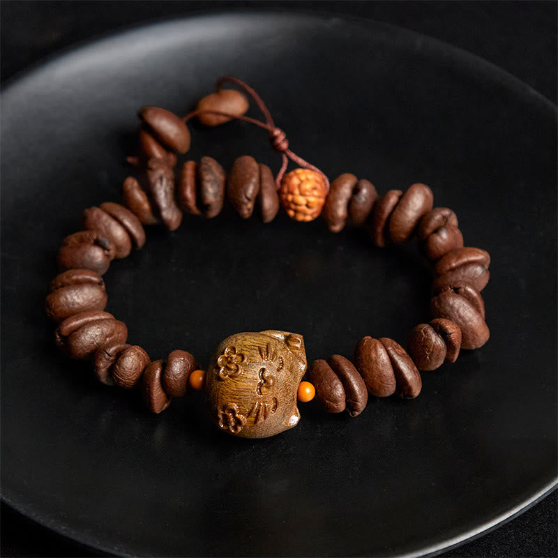 Bracelet en bois de santal et grains de café véritables, fait main, motif chat porte-bonheur, Buddha Stones - image 4