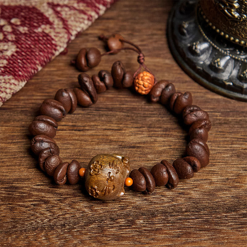 Bracelet en bois de santal et grains de café véritables, fait main, motif chat porte-bonheur, Buddha Stones - Grain de café (tour de poignet : 17,5 cm) - image 1