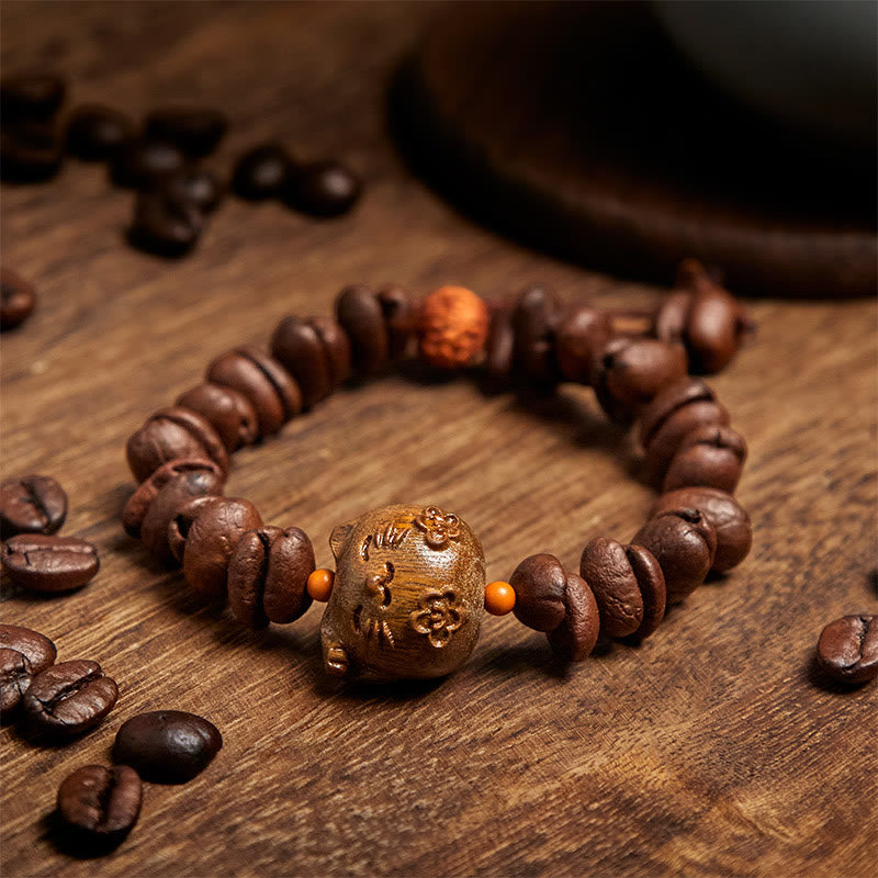 Bracelet en bois de santal et grains de café véritables, fait main, motif chat porte-bonheur, Buddha Stones - image 3
