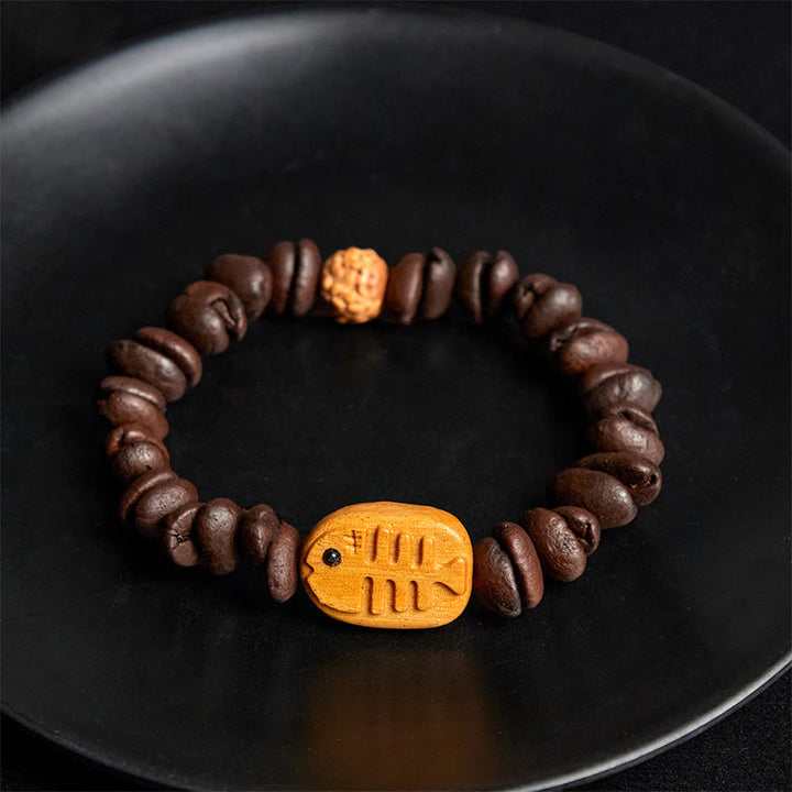 Bracelet en bois de wengé fait main en Buddha Stones de poisson et grains de café véritables - image 4