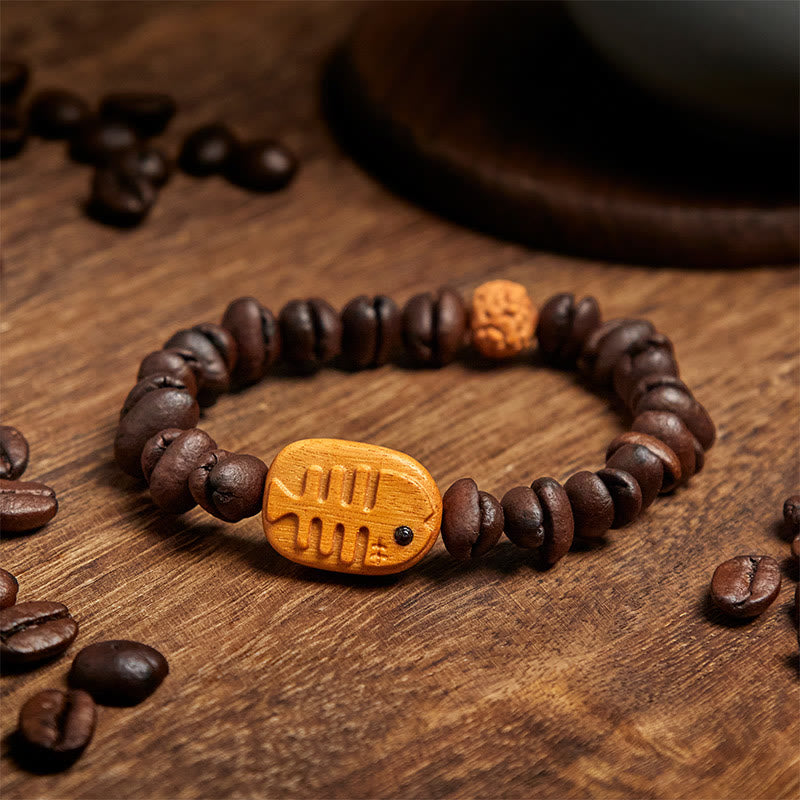 Bracelet en bois de wengé fait main en Buddha Stones de poisson et grains de café véritables - image 3