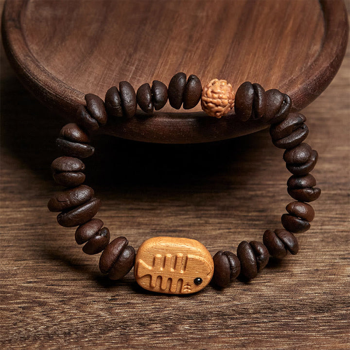 Bracelet en bois de wengé fait main en Buddha Stones de poisson et grains de café véritables - image 2