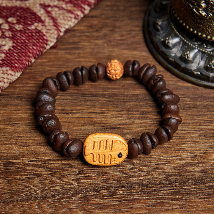 Bracelet en bois de wengé fait main en Buddha Stones de poisson et grains de café véritables - Grain de café (tour de poignet : 17,5 cm) - image 1
