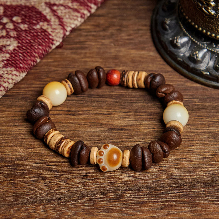Bracelet fait main en Buddha Stones , motif patte de chat, grains de café et graines de Bodhi - Grain de café (tour de poignet : 16 cm) - image 1
