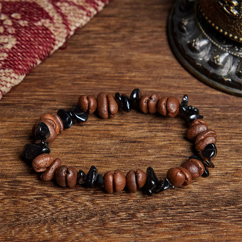 Bracelet de force en obsidienne noire et quartz rutile avec grains de café naturels de Buddha Stones - Obsidienne noire (circonférence du poignet : 17,5 cm) - image 1
