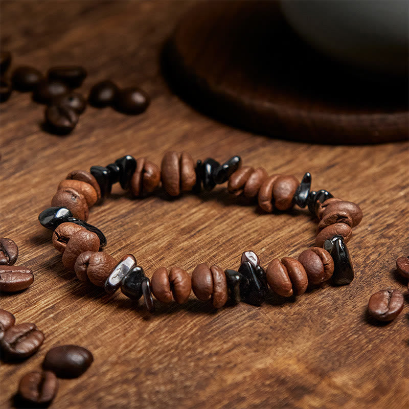 Bracelet de force en obsidienne noire et quartz rutile avec grains de café naturels de Buddha Stones - image 3