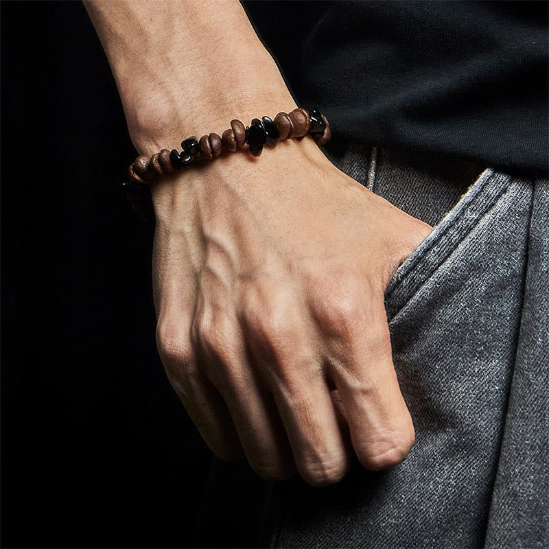 Bracelet de force en obsidienne noire et quartz rutile avec grains de café naturels de Buddha Stones - image 5
