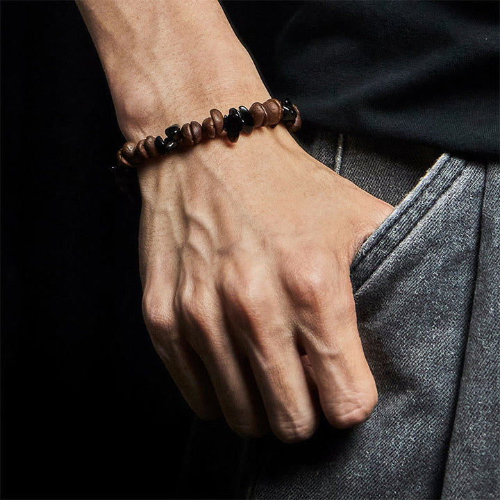 Bracelet de force en obsidienne noire et quartz rutile avec grains de café naturels de Buddha Stones - image 5