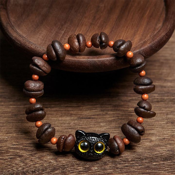Bracelet en grains de café avec chat mignon et Buddha Stones naturelles - image 7
