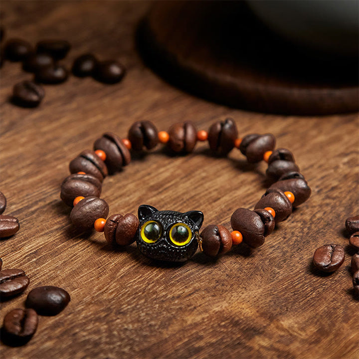 Bracelet en grains de café avec chat mignon et Buddha Stones naturelles - image 8
