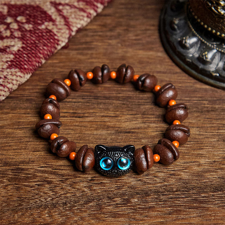 Bracelet en grains de café avec chat mignon et Buddha Stones naturelles - Yeux de chat bleus (tour de poignet : 17,5 cm) - image 1