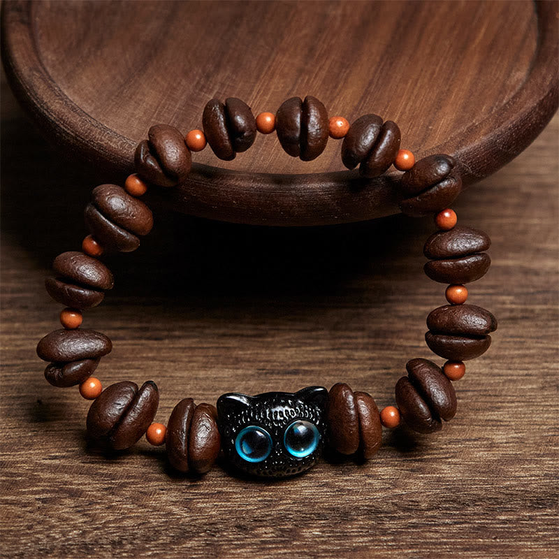 Bracelet en grains de café avec chat mignon et Buddha Stones naturelles - image 2