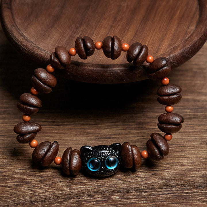Bracelet en grains de café avec chat mignon et Buddha Stones naturelles - image 2