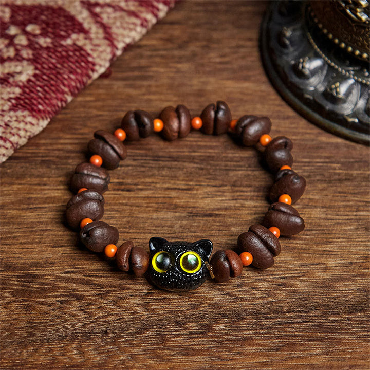 Bracelet en grains de café avec chat mignon et Buddha Stones naturelles - Yeux de chat jaunes (tour de poignet : 17,5 cm) - image 6