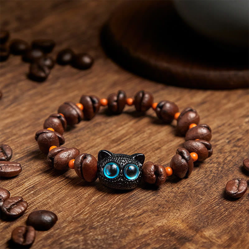 Bracelet en grains de café avec chat mignon et Buddha Stones naturelles - image 3