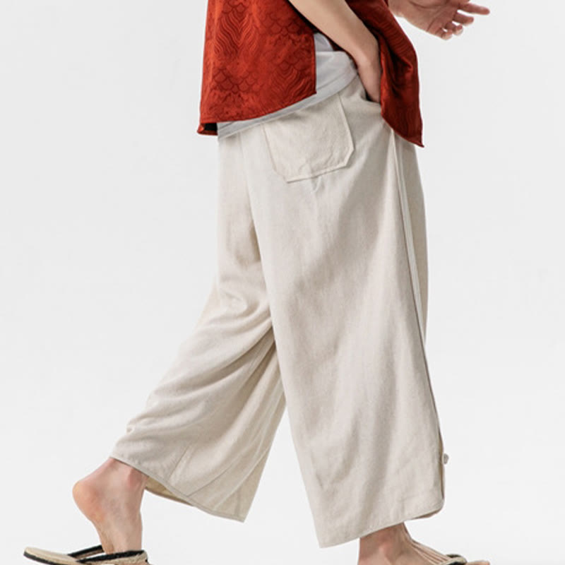 Pantalon décontracté ample en coton et lin pour homme avec poches, taille 7-8, style Buddha Stones , boutons, uni - image 4