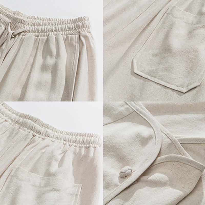 Pantalon décontracté ample en coton et lin pour homme avec poches, taille 7-8, style Buddha Stones , boutons, uni - image 9