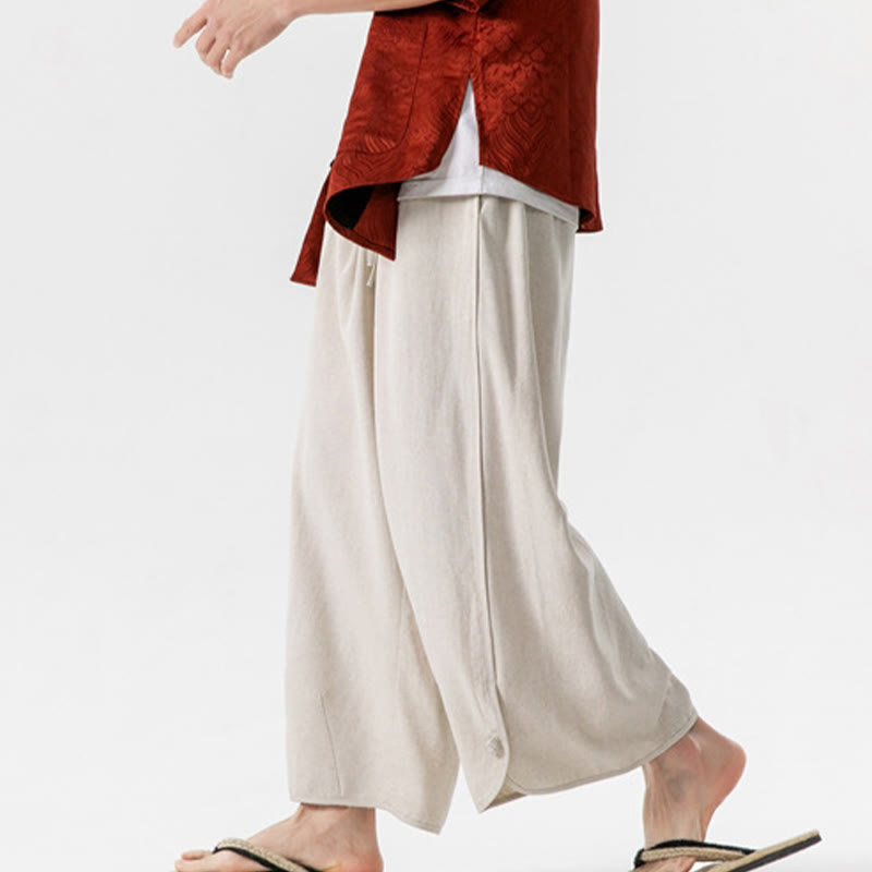 Pantalon décontracté ample en coton et lin pour homme avec poches, taille 7-8, style Buddha Stones , boutons, uni - image 2