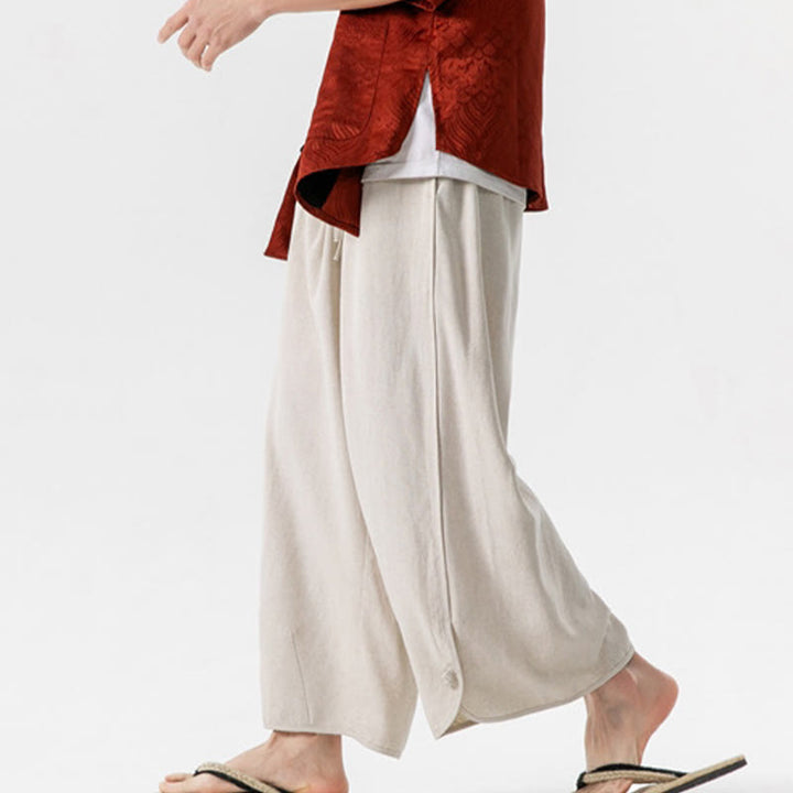 Pantalon décontracté ample en coton et lin pour homme avec poches, taille 7-8, style Buddha Stones , boutons, uni - image 2