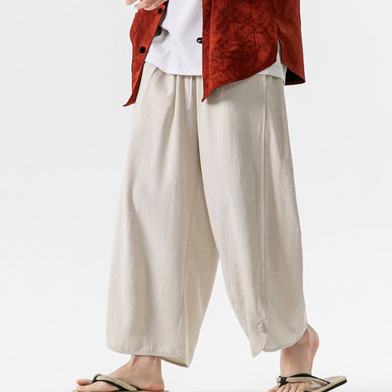 Pantalon décontracté ample en coton et lin pour homme avec poches, taille 7-8, style Buddha Stones , boutons, uni - image 7