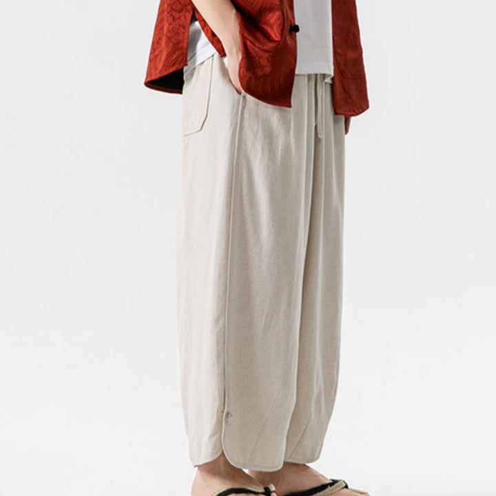 Pantalon décontracté ample en coton et lin pour homme avec poches, taille 7-8, style Buddha Stones , boutons, uni - image 3