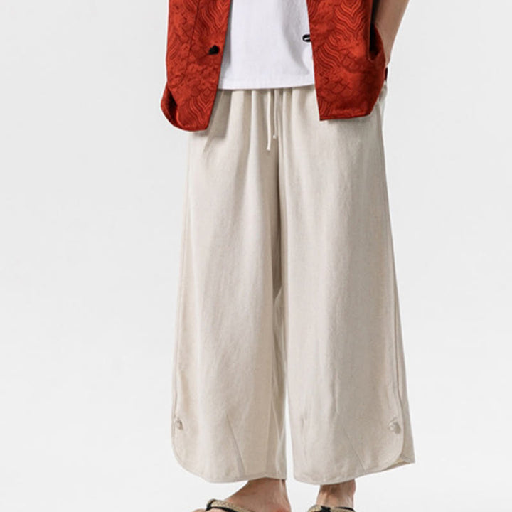 Pantalon décontracté ample en coton et lin pour homme avec poches, taille 7-8, style Buddha Stones , boutons, uni - Beige - US/UK/AU46，EU56 (5XL) - image 0