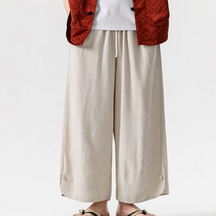 Pantalon décontracté ample en coton et lin pour homme avec poches, taille 7-8, style Buddha Stones , boutons, uni - image 6