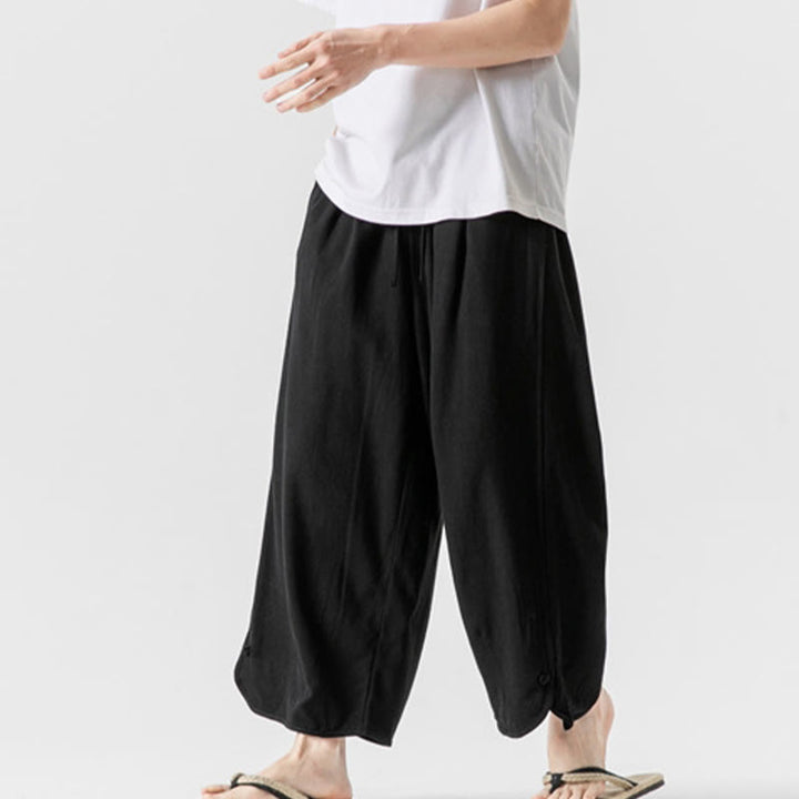 Pantalon décontracté ample en coton et lin pour homme avec poches, taille 7-8, style Buddha Stones , boutons, uni - image 25