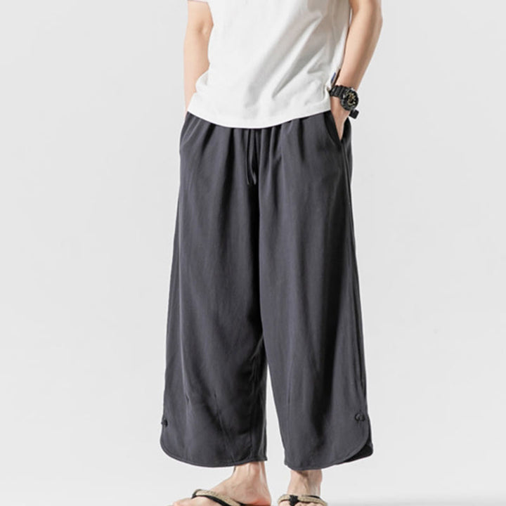Pantalon décontracté ample en coton et lin pour homme avec poches, taille 7-8, style Buddha Stones , boutons, uni - image 30