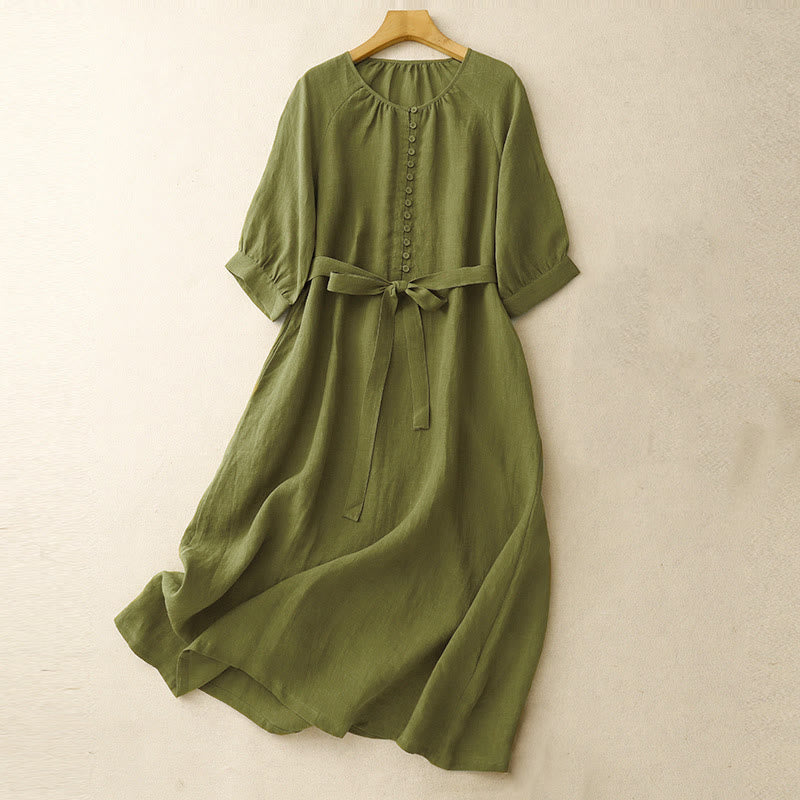 Robe mi-longue en coton et lin à manches mi-longues et col ras du cou avec lacets et Buddha Stones - OliveDrab - US14，UK/AU18，EU46 (2XL) - image 0