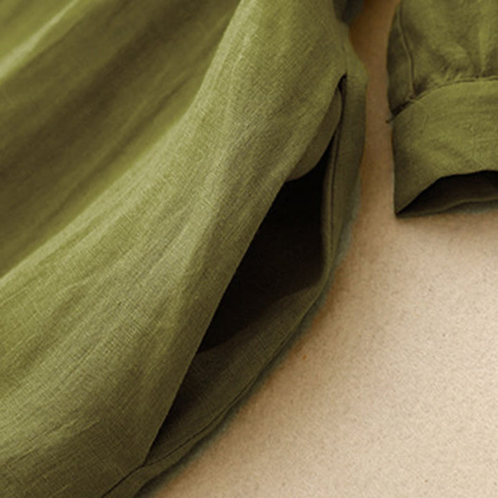 Robe mi-longue en coton et lin à manches mi-longues et col ras du cou avec lacets et Buddha Stones - image 11